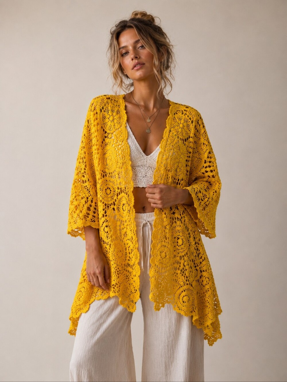 Nina Leonard Crochet Cardigan Size M/L Yellow Boho Duster